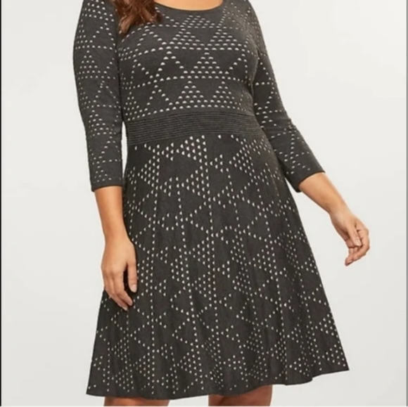 Lane Bryant Black Cream Triangle Lace Cut Pattern 3/4 Sleeve Midi Dress Size 18 - Picture 4 of 8